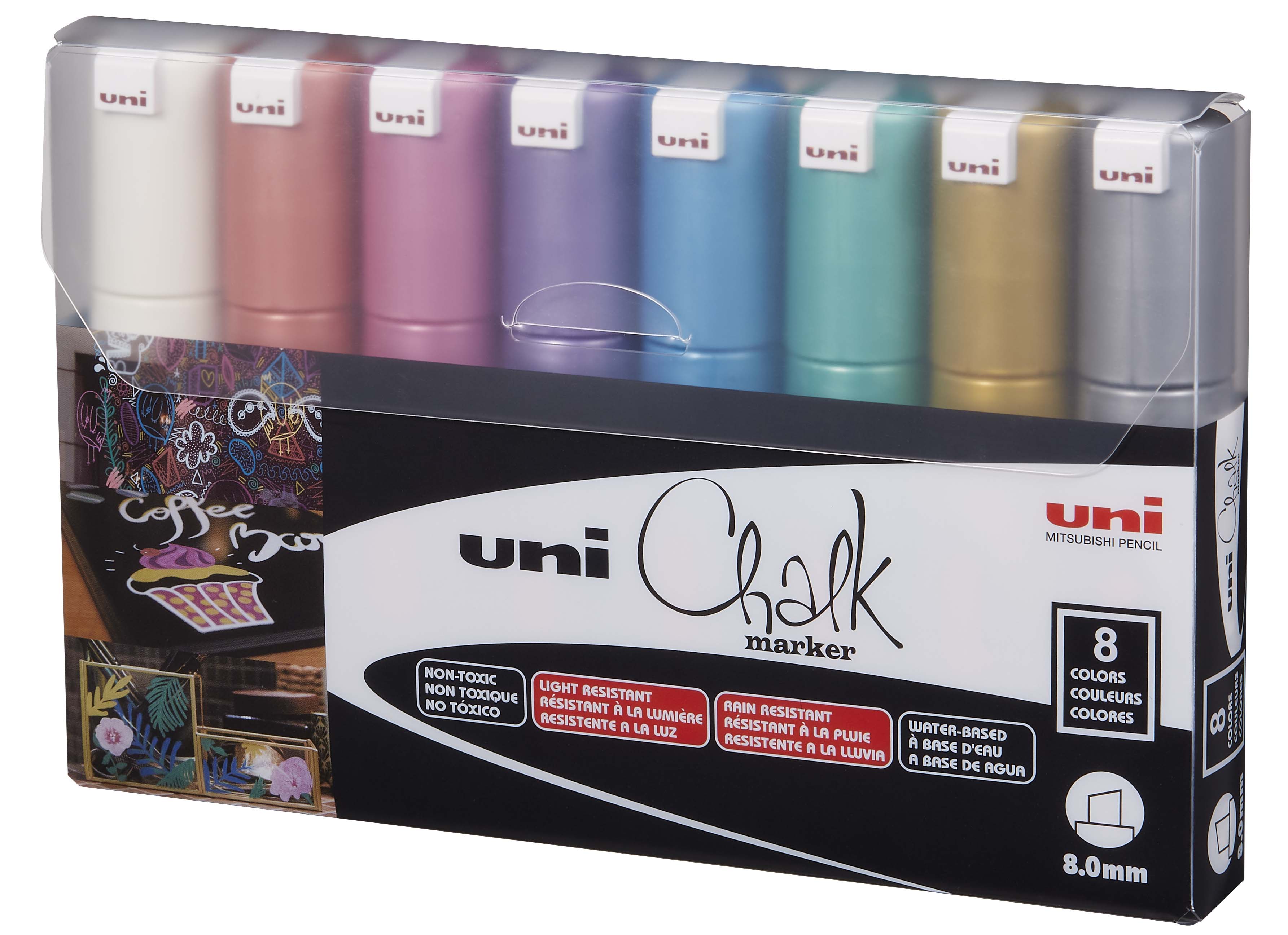 uni Chalk Markers, PWE-8k Metallic Broad Tip Marker - Assorted Color, 8 Pack